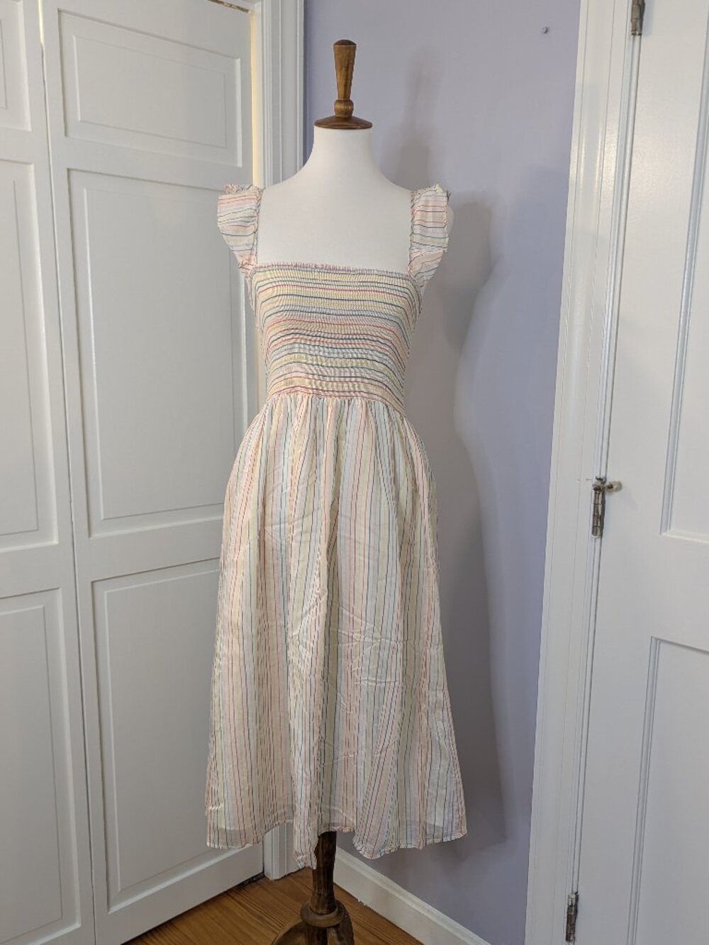 Madewell Dress Ruffle-Strap Smocked Ivory Rainbow Stripe Midi